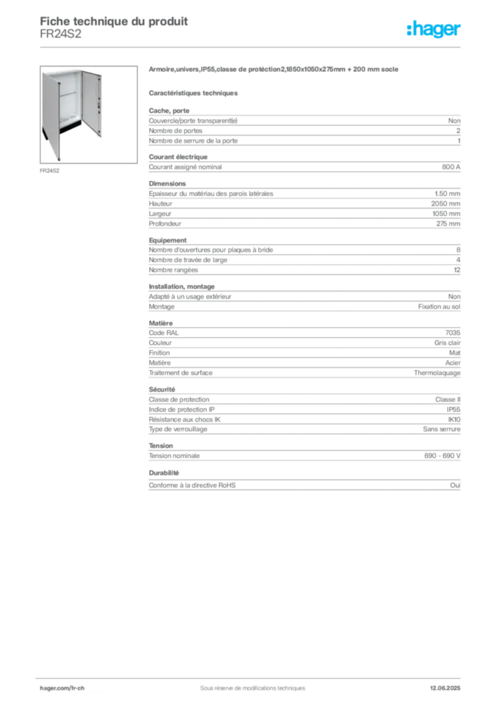 Image Hager Fiche technique du produit FR24S2 | Hager Suisse