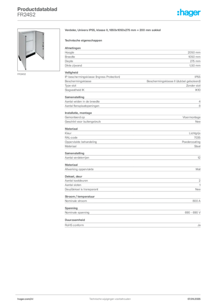 Afbeelding Hager Productdatablad FR24S2 | Hager Nederland