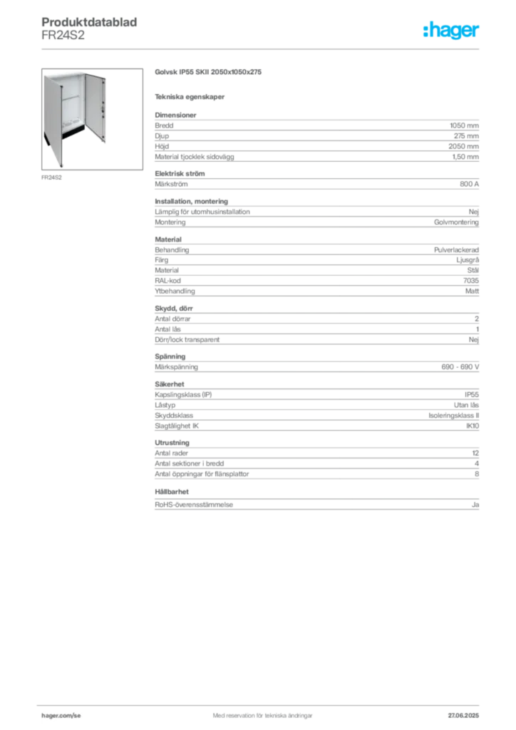 Bild Hager Produktdatablad FR24S2 | Hager Sverige