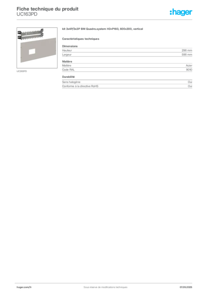 Image Hager Fiche technique du produit UC163PD | Hager France