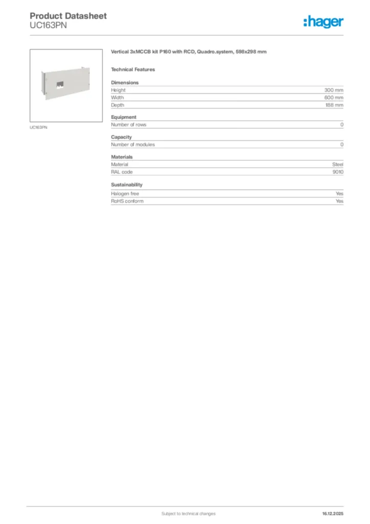 Image Hager Product data sheet UC163PN  | Hager Africa