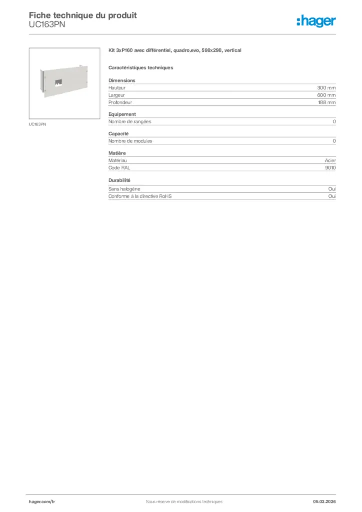 Image Hager Fiche technique du produit UC163PN | Hager France