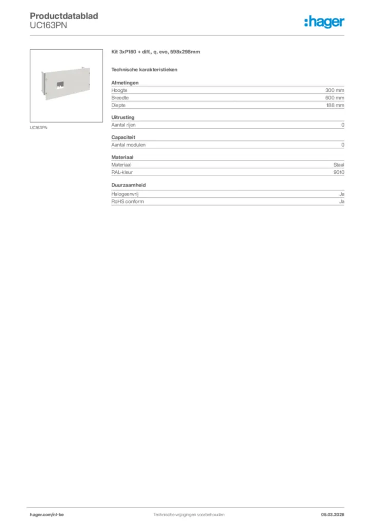 Afbeelding Hager Productdatablad UC163PN | Hager Belgium