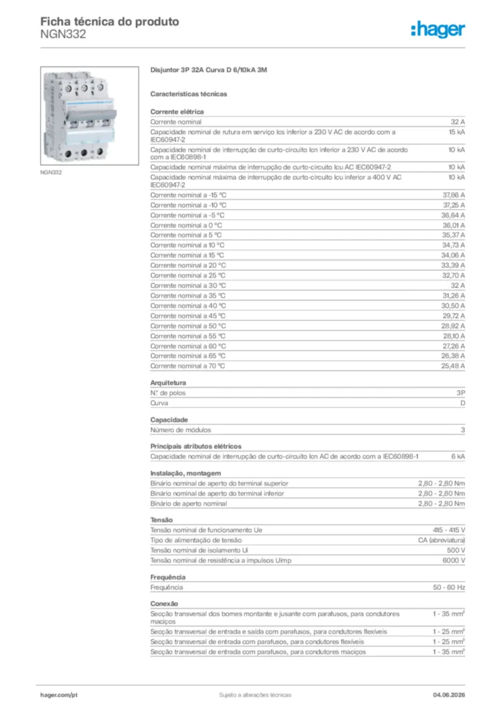 Imagem Hager Ficha técnica do produto NGN332 | Hager Portugal