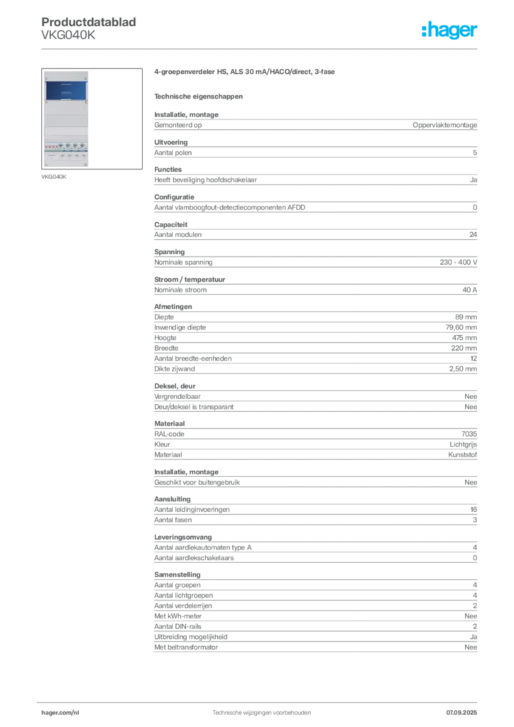Afbeelding Hager Productdatablad VKG040K | Hager Nederland
