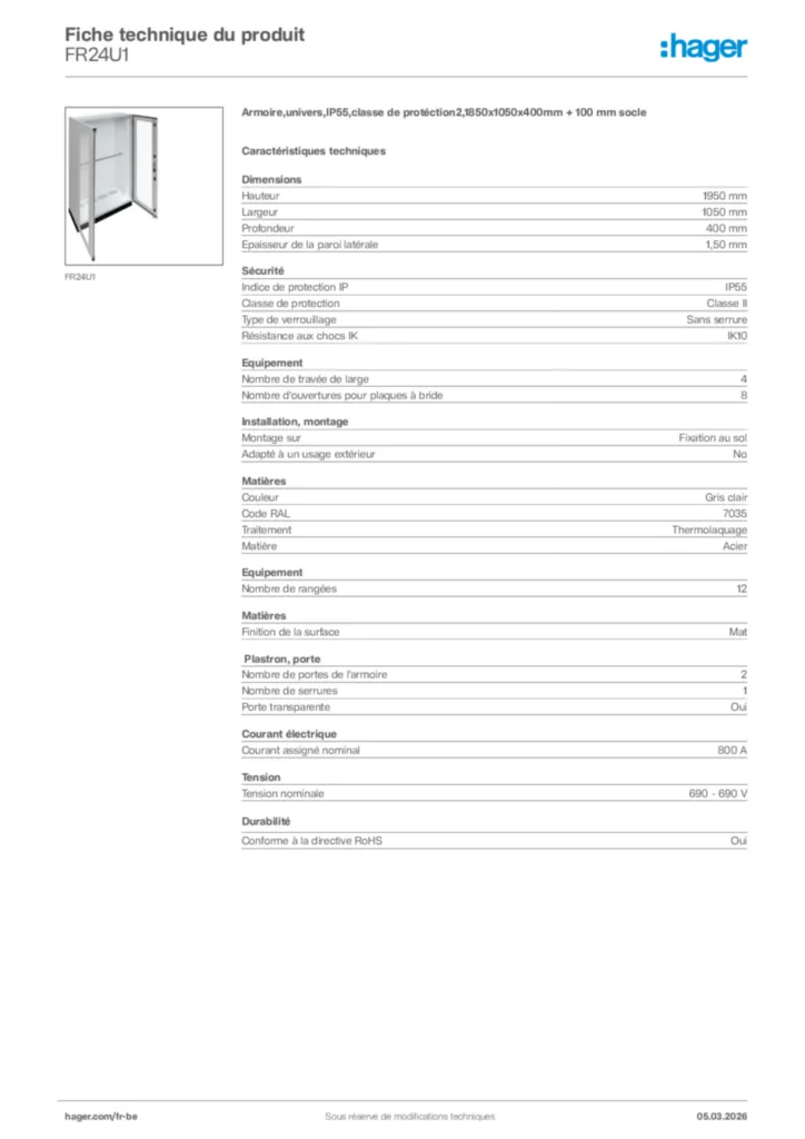 Image Hager Fiche technique du produit FR24U1 | Hager Belgique