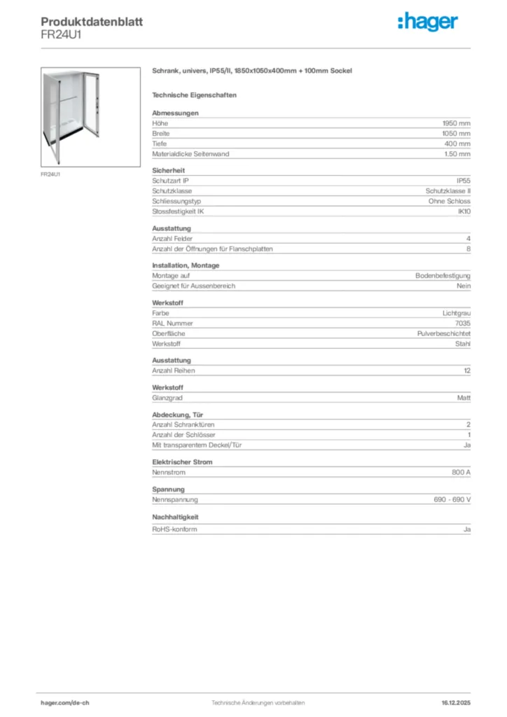 Bild Hager Produktdatenblatt FR24U1 | Hager Schweiz