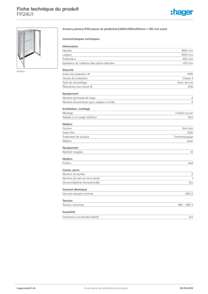 Image Hager Fiche technique du produit FR24U1 | Hager Suisse