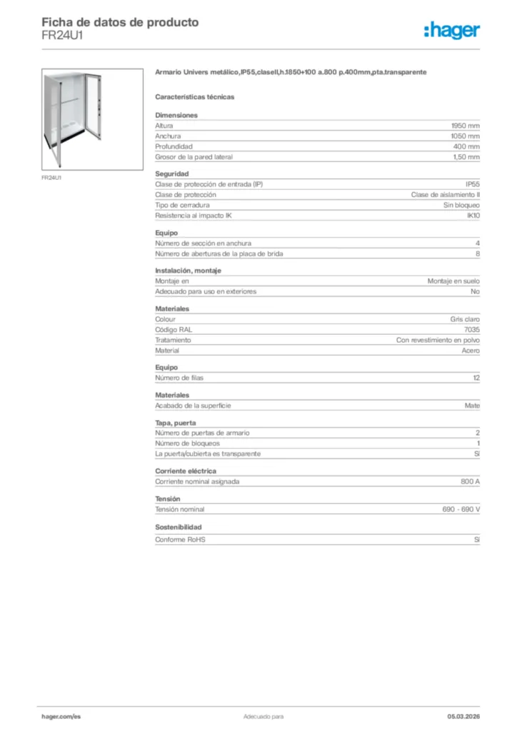 Imagen Hager Ficha de datos de producto FR24U1 | Hager España
