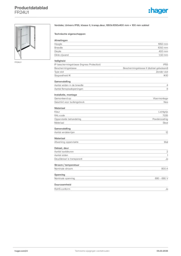 Afbeelding Hager Productdatablad FR24U1 | Hager Nederland