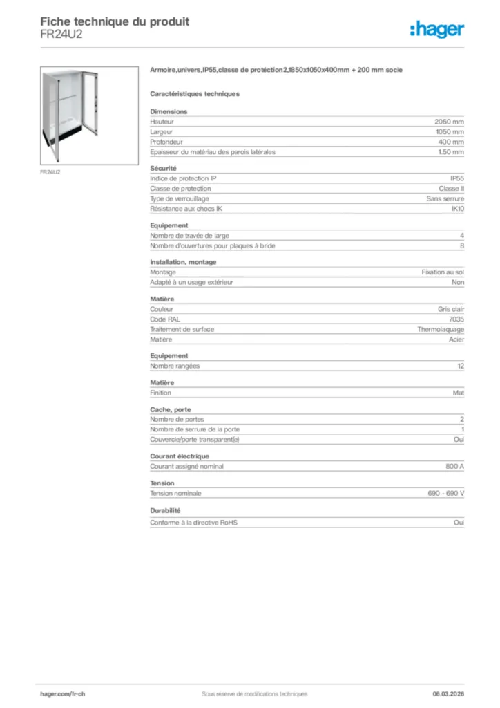 Image Hager Fiche technique du produit FR24U2 | Hager Suisse