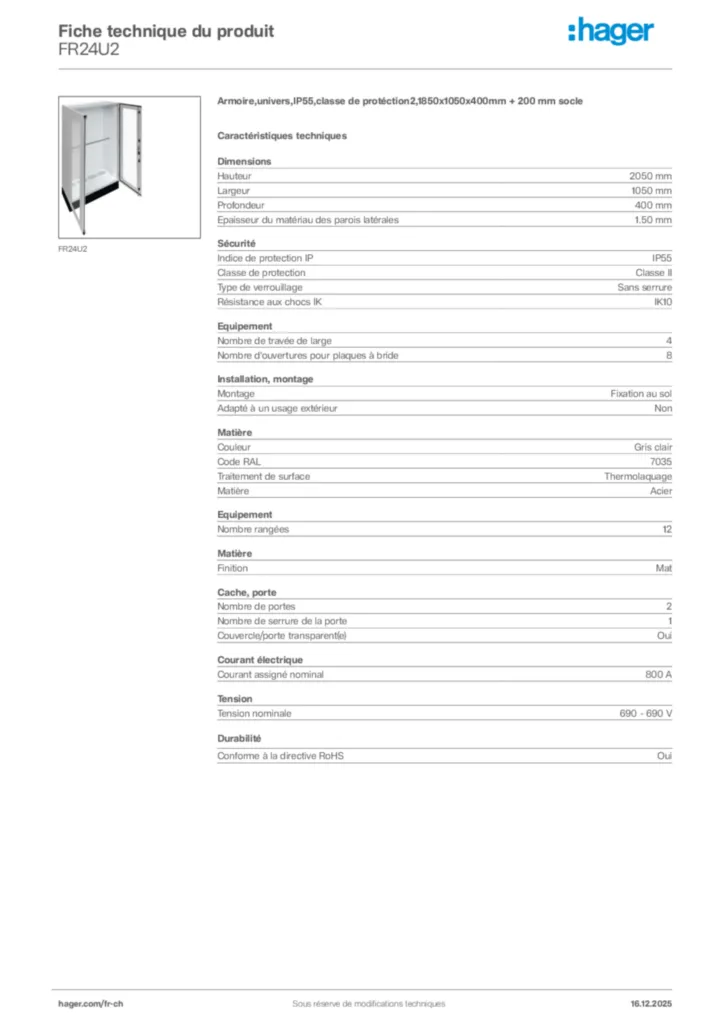 Image Hager Fiche technique du produit FR24U2 | Hager Suisse