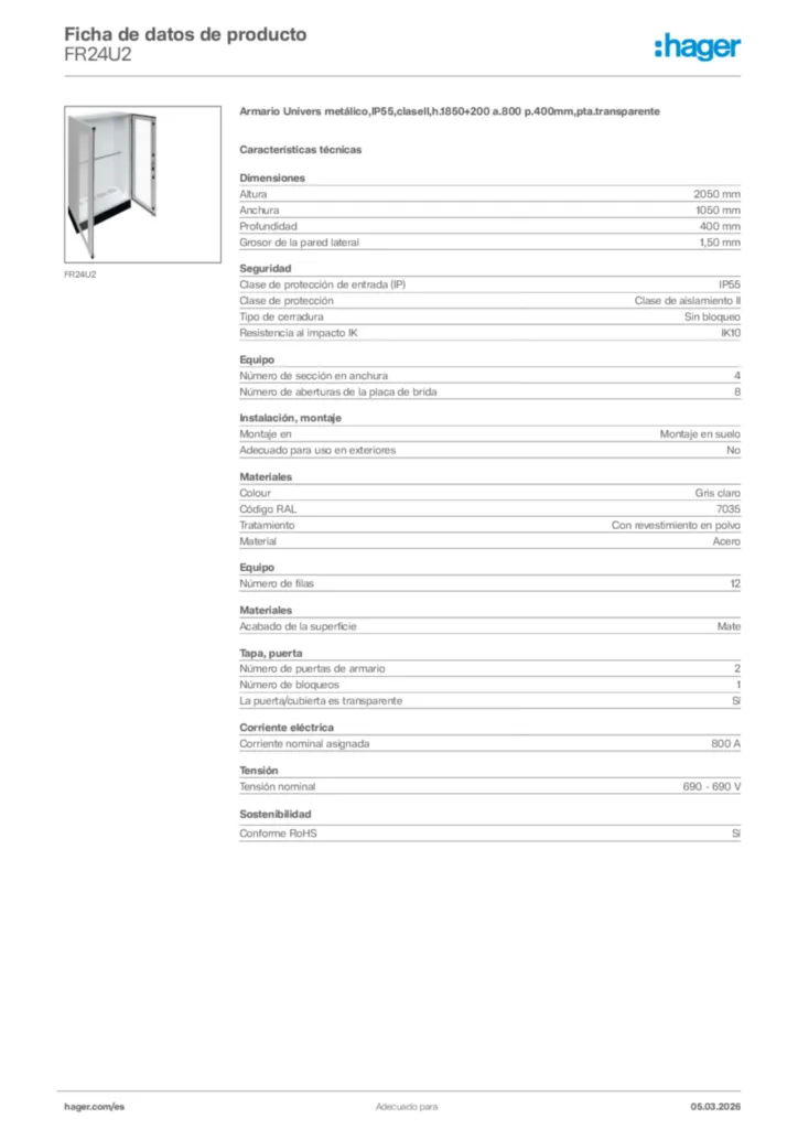 Imagen Hager Ficha de datos de producto FR24U2 | Hager España