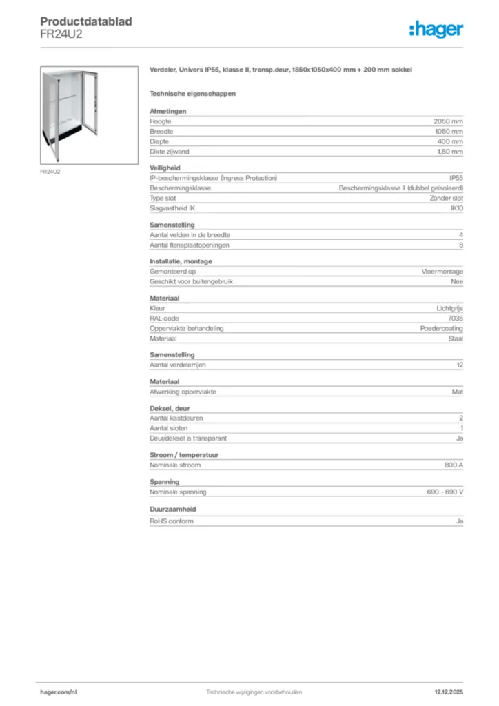 Afbeelding Hager Productdatablad FR24U2 | Hager Nederland