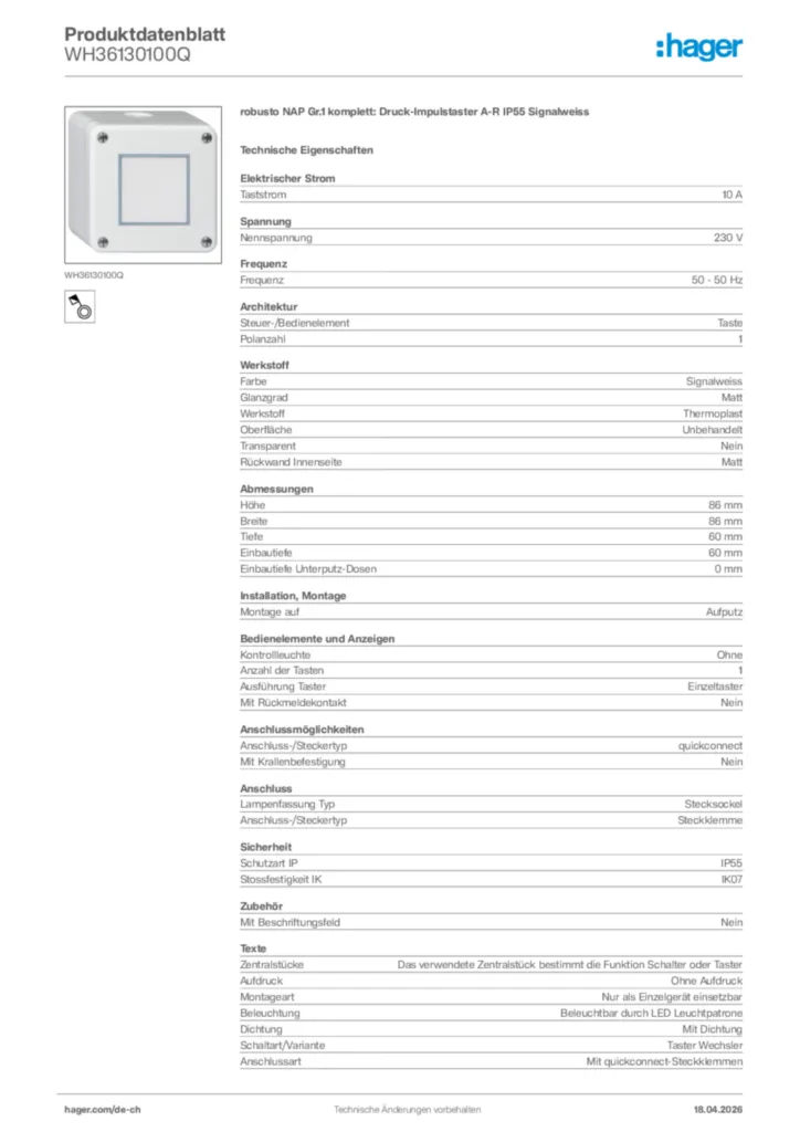 Bild Hager Produktdatenblatt WH36130100Q | Hager Schweiz