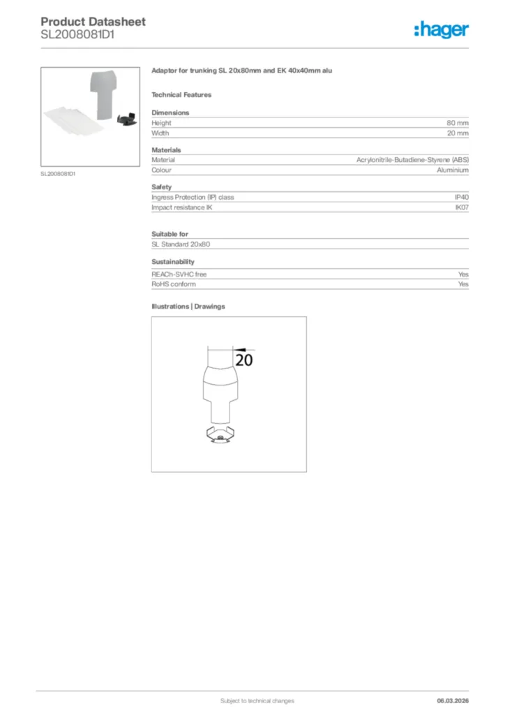 Image Hager Product data sheet SL2008081D1  | Hager Africa