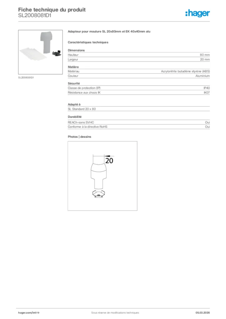 Image Hager Fiche technique du produit SL2008081D1 | Hager Afrique