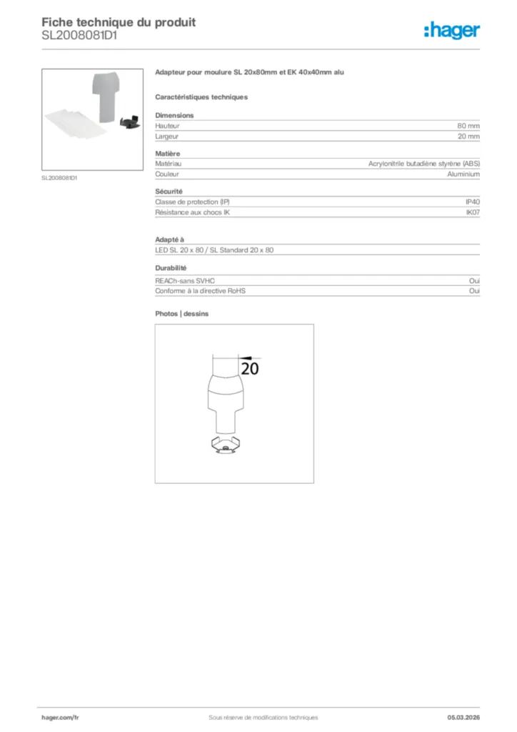 Image Hager Fiche technique du produit SL2008081D1 | Hager France