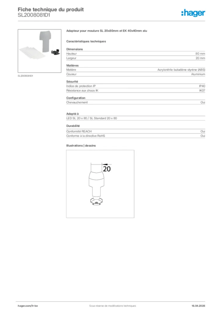 Image Hager Fiche technique du produit SL2008081D1 | Hager Belgique