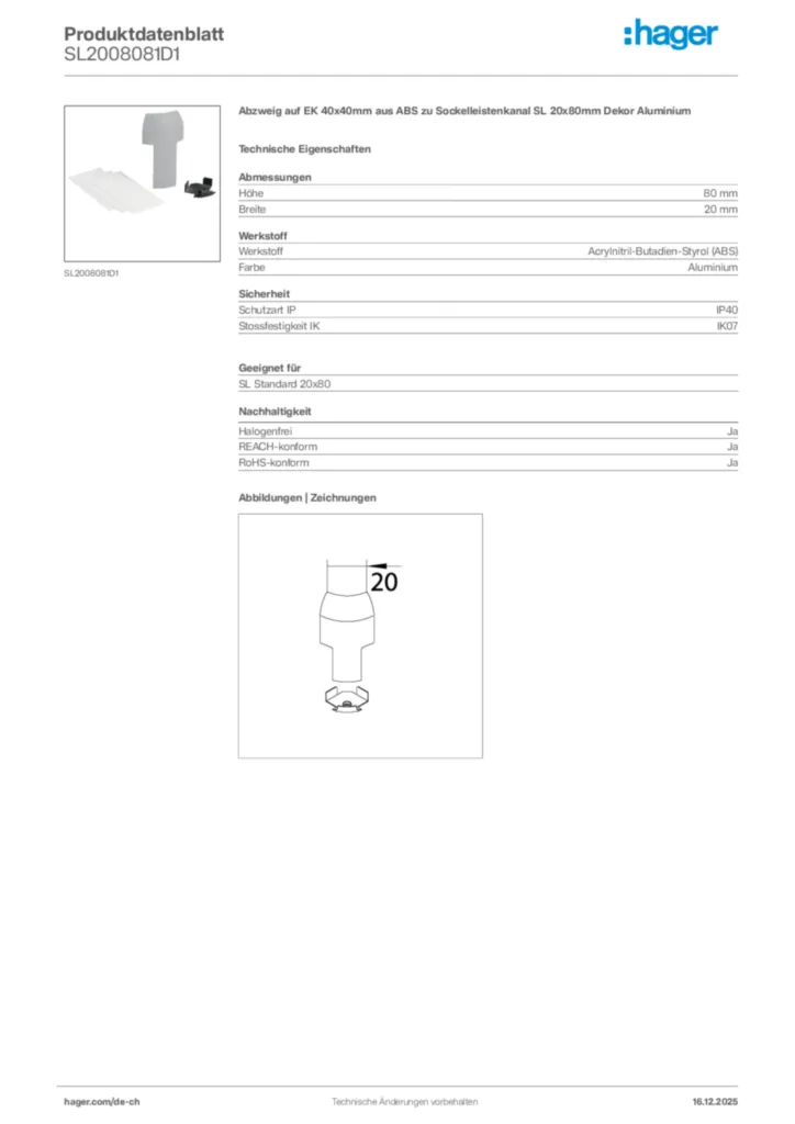 Bild Hager Produktdatenblatt SL2008081D1 | Hager Schweiz