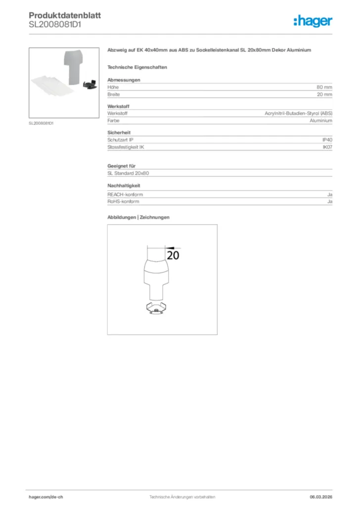 Bild Hager Produktdatenblatt SL2008081D1 | Hager Schweiz
