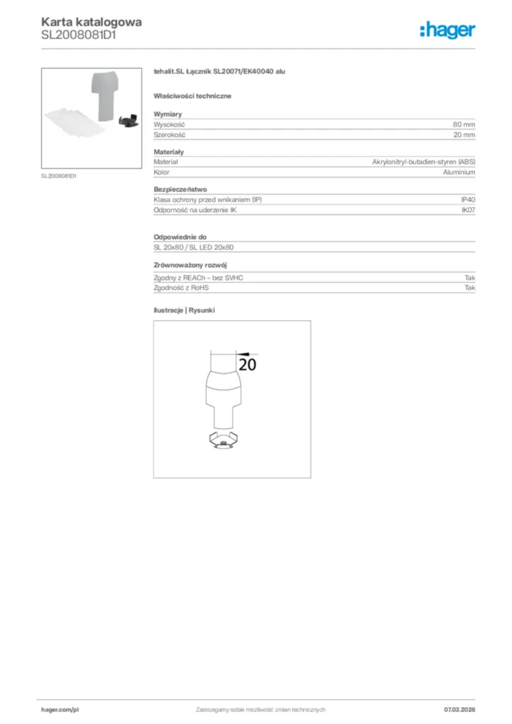 Zdjęcie Hager Karta katalogowa SL2008081D1 | Hager Polska