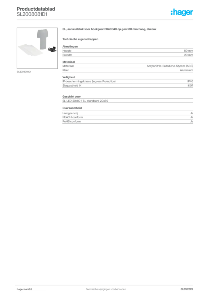 Afbeelding Hager Productdatablad SL2008081D1 | Hager Nederland
