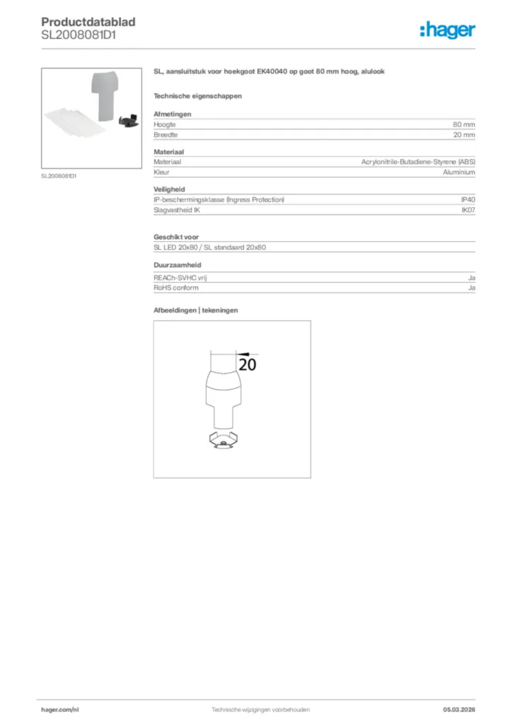 Afbeelding Hager Productdatablad SL2008081D1 | Hager Nederland