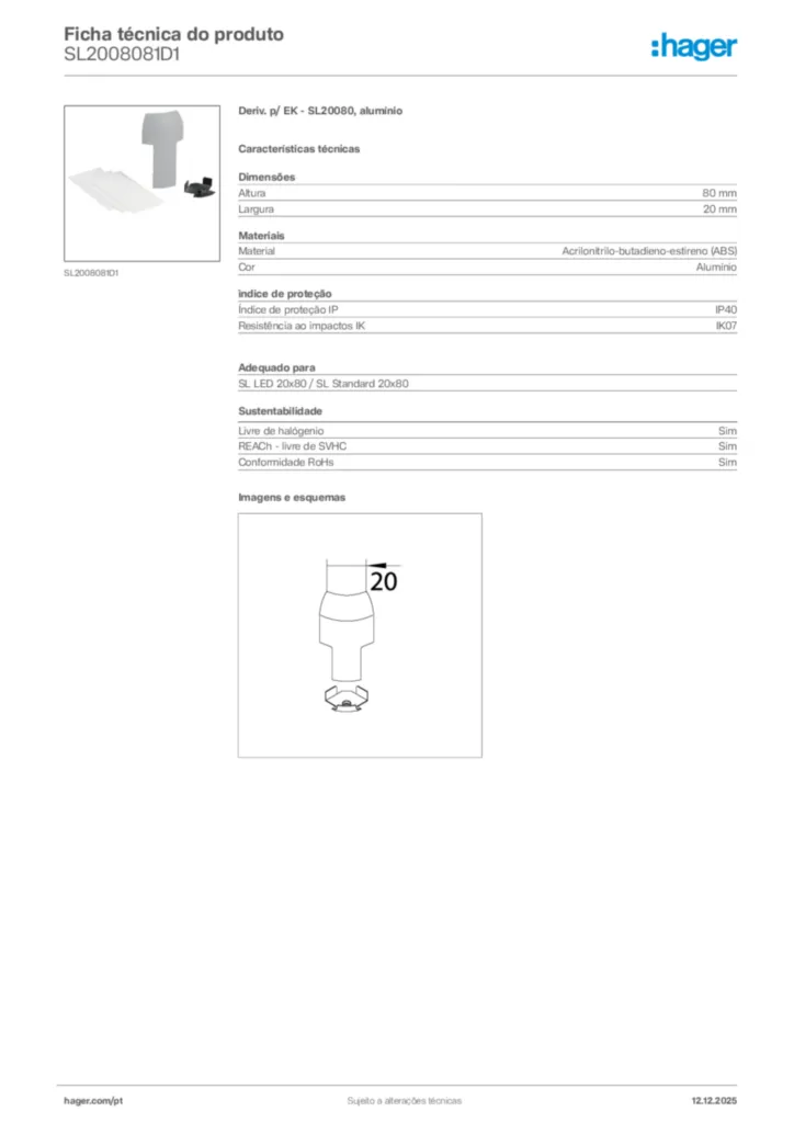 Imagem Hager Ficha técnica do produto SL2008081D1 | Hager Portugal