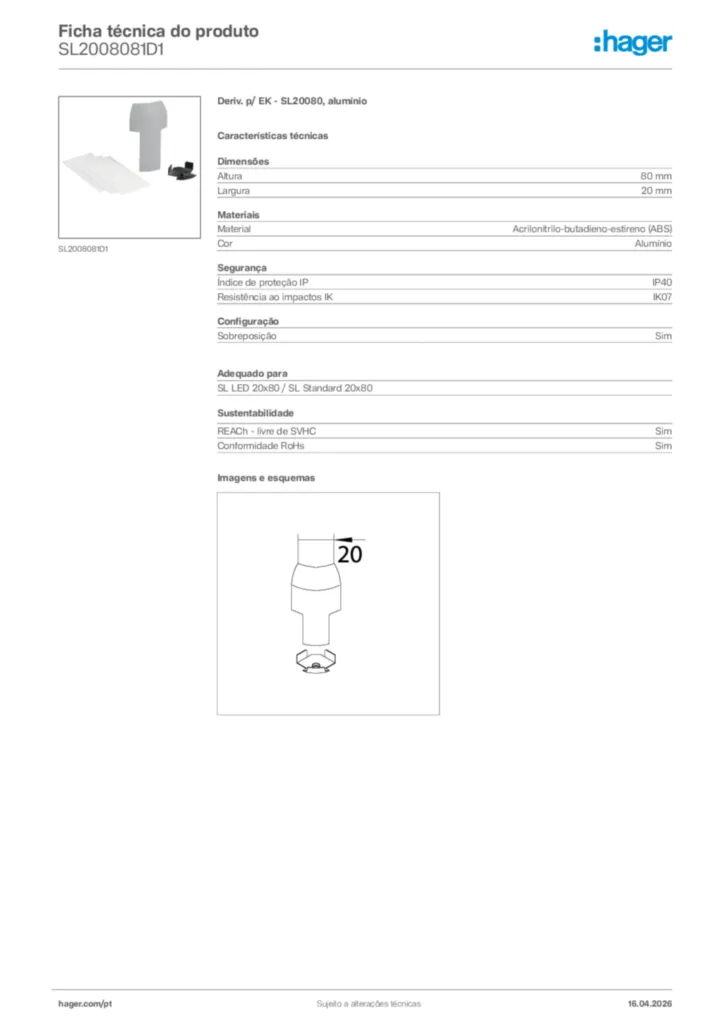 Imagem Hager Ficha técnica do produto SL2008081D1 | Hager Portugal