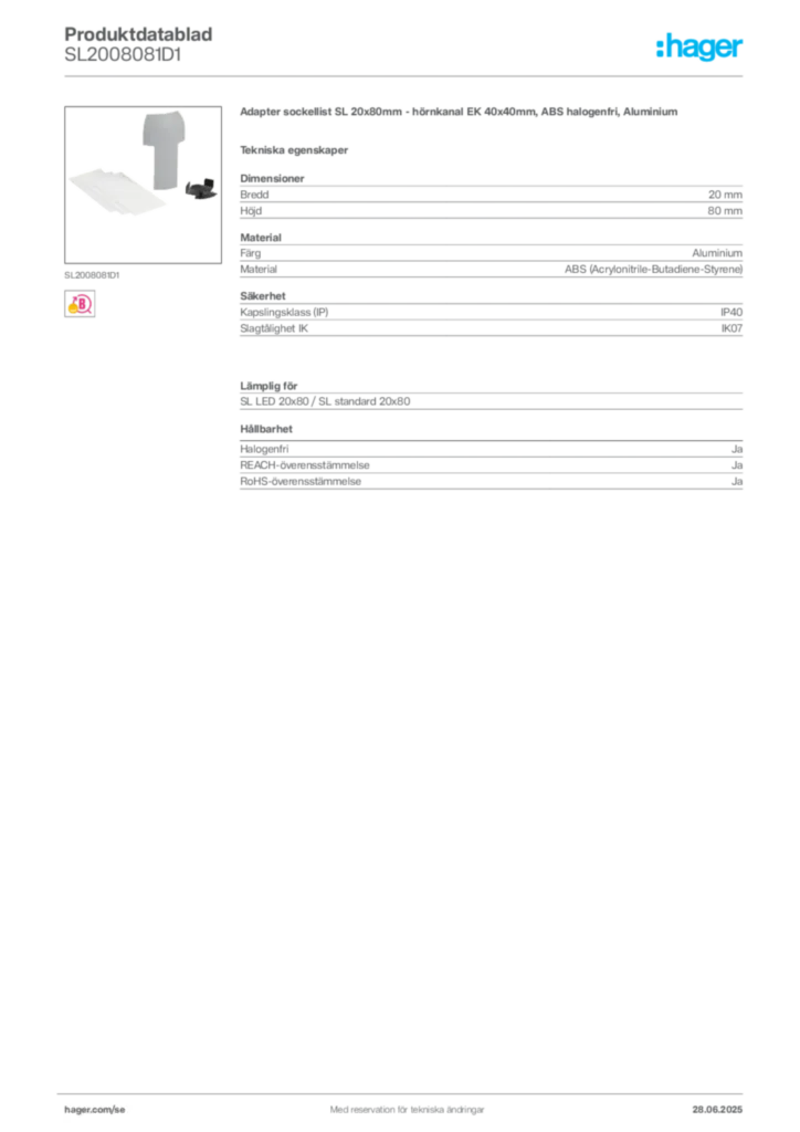 Bild Hager Produktdatablad SL2008081D1 | Hager Sverige