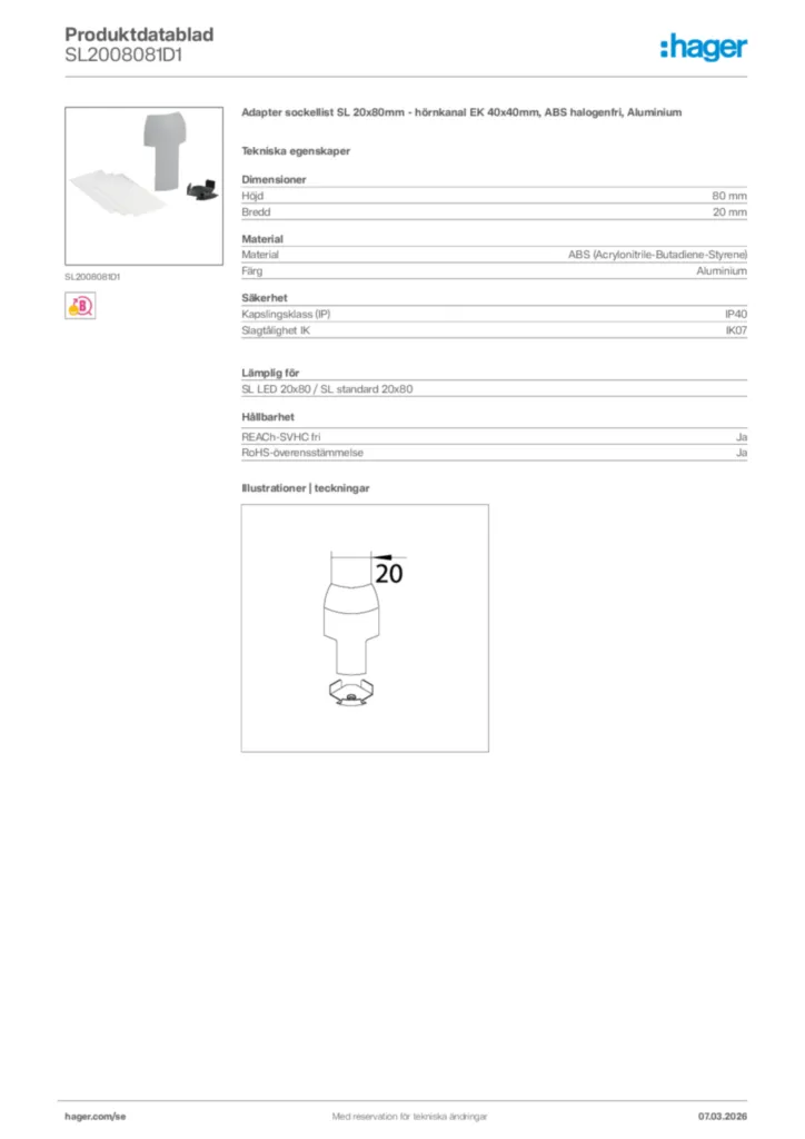Bild Hager Produktdatablad SL2008081D1 | Hager Sverige