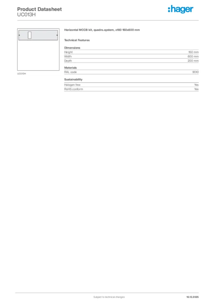 Image Hager Product data sheet UC013H  | Hager Africa