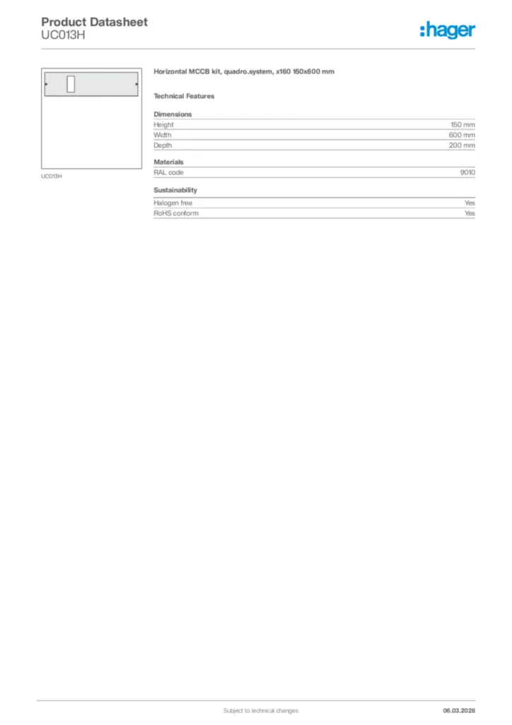 Image Hager Product data sheet UC013H  | Hager Africa