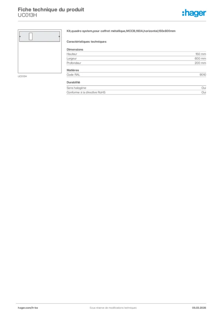 Image Hager Fiche technique du produit UC013H | Hager Belgique