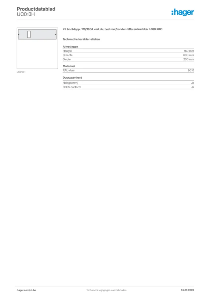 Afbeelding Hager Productdatablad UC013H | Hager Belgium