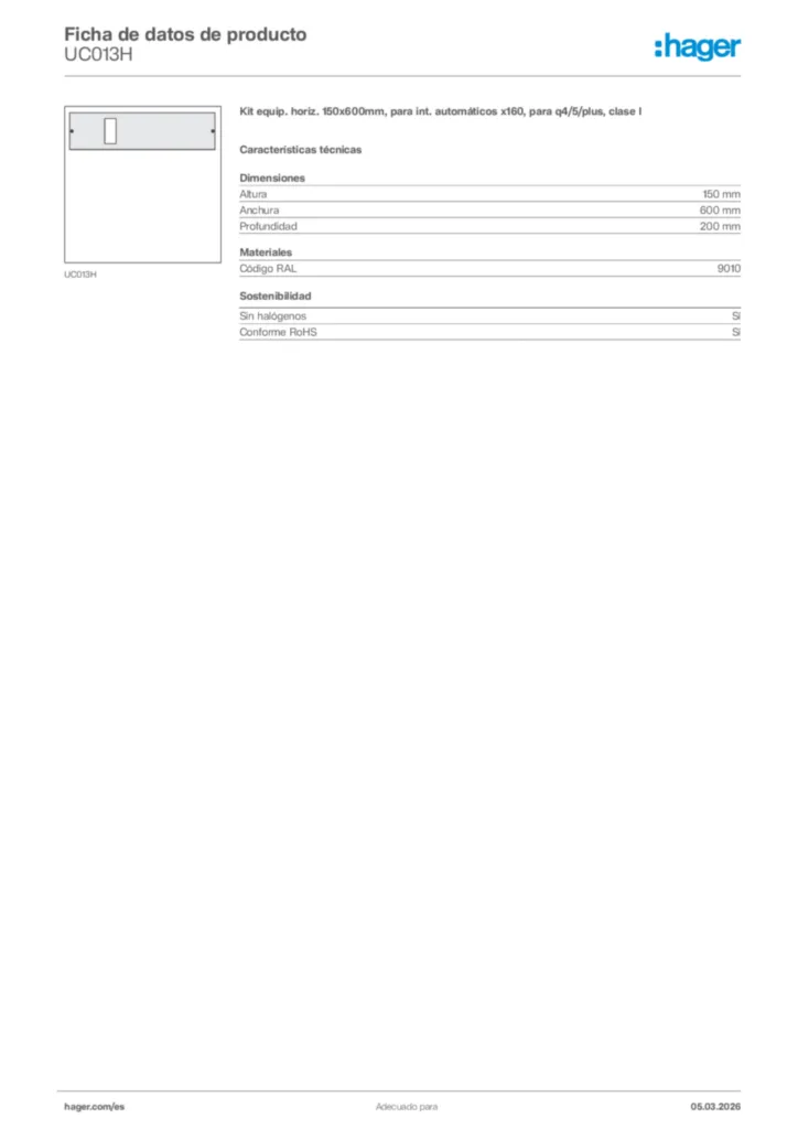 Imagen Hager Ficha de datos de producto UC013H | Hager España