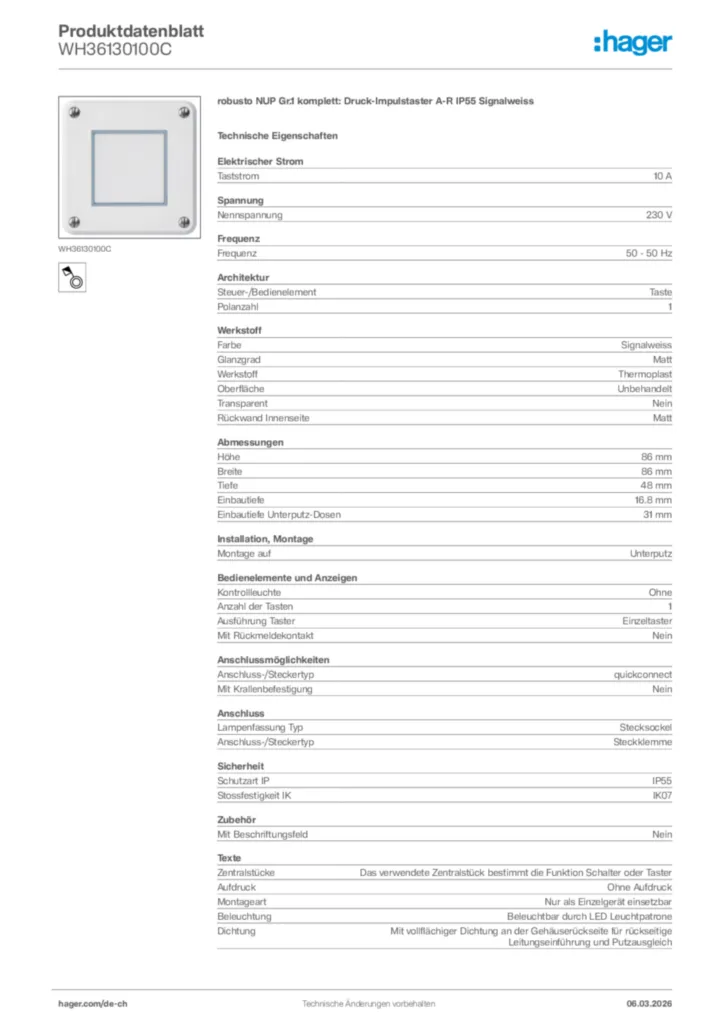 Bild Hager Produktdatenblatt WH36130100C | Hager Schweiz