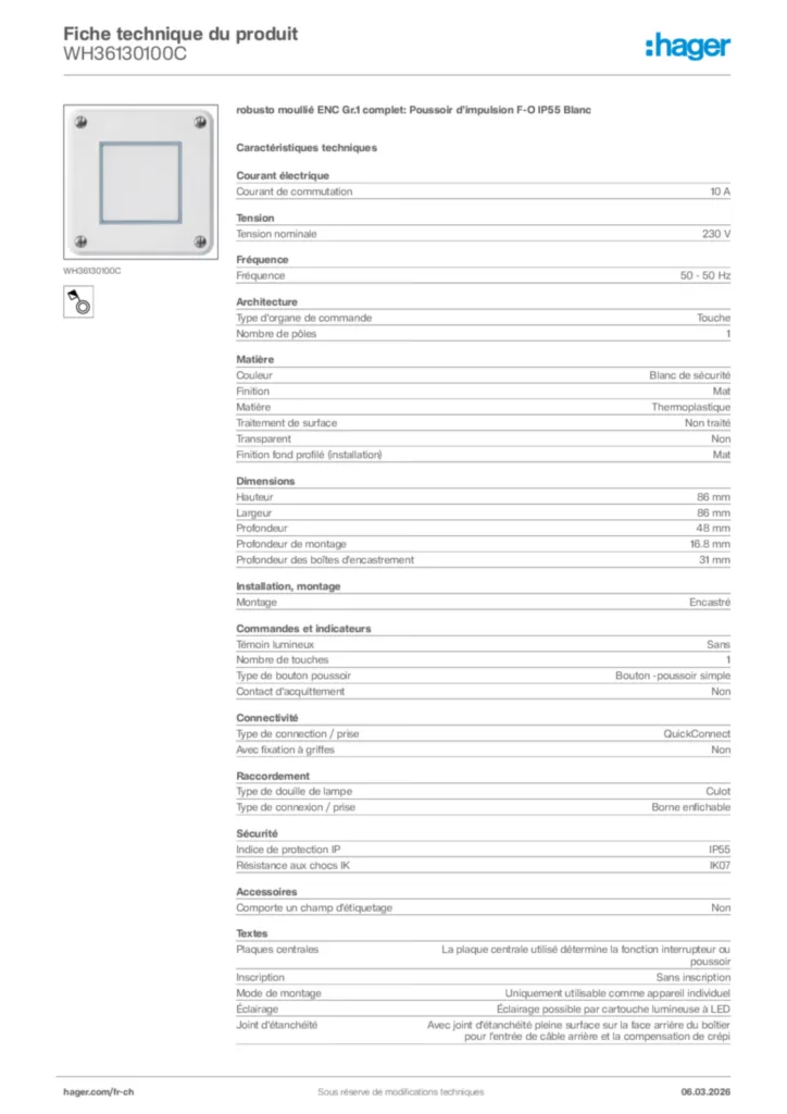 Image Hager Fiche technique du produit WH36130100C | Hager Suisse