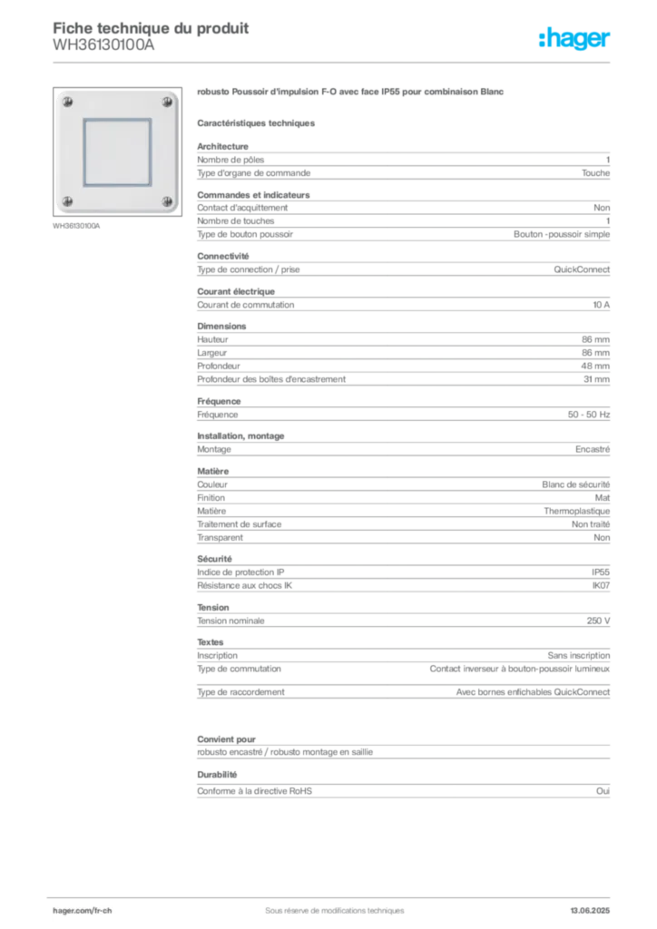 Image Hager Fiche technique du produit WH36130100A | Hager Suisse