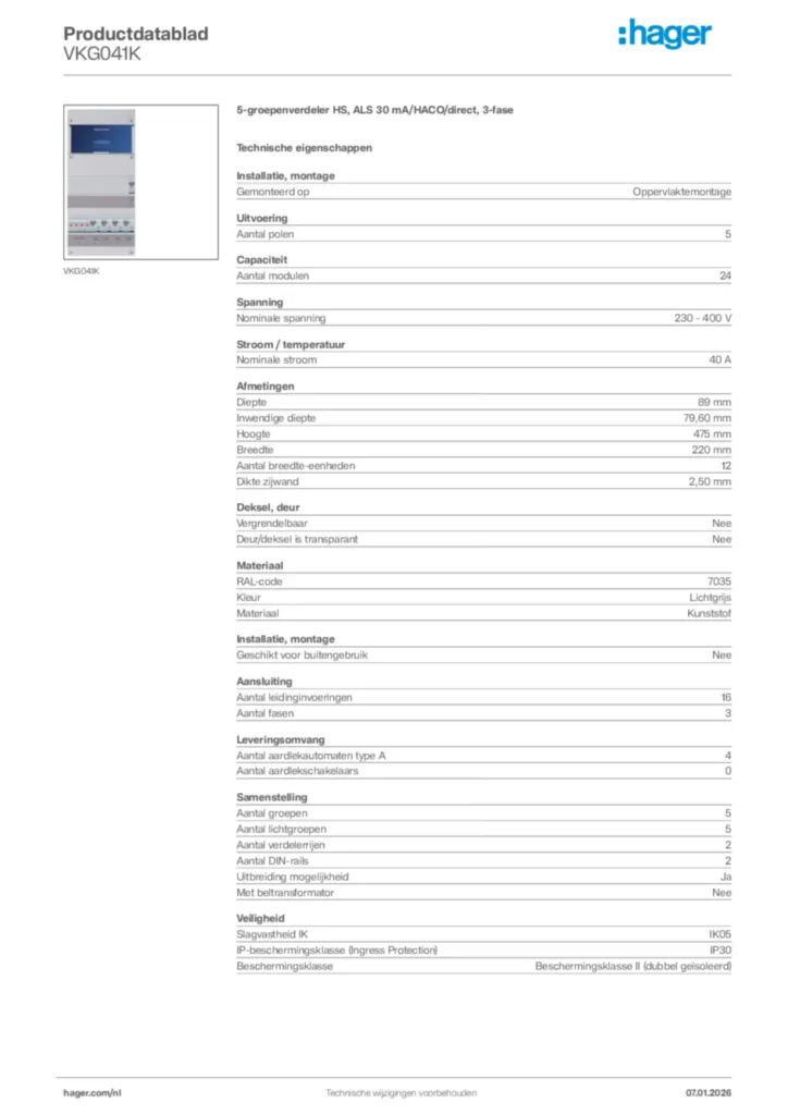 Afbeelding Hager Productdatablad VKG041K | Hager Nederland