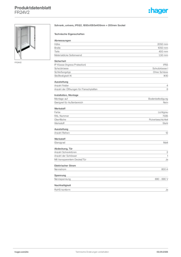 Hager Produktdatenblatt FR24V2