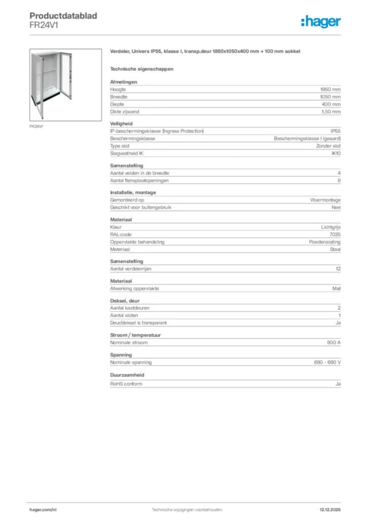 Afbeelding Hager Productdatablad FR24V1 | Hager Nederland