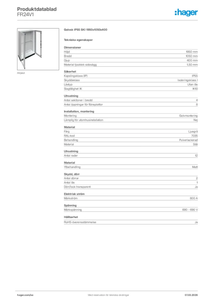 Bild Hager Produktdatablad FR24V1 | Hager Sverige