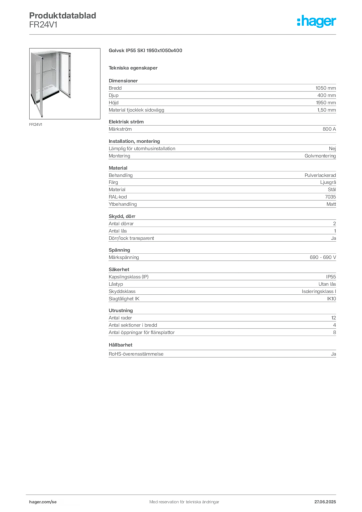 Bild Hager Produktdatablad FR24V1 | Hager Sverige