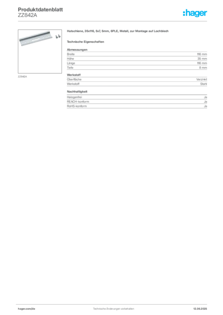 Bild Hager Produktdatenblatt ZZ842A | Hager Deutschland