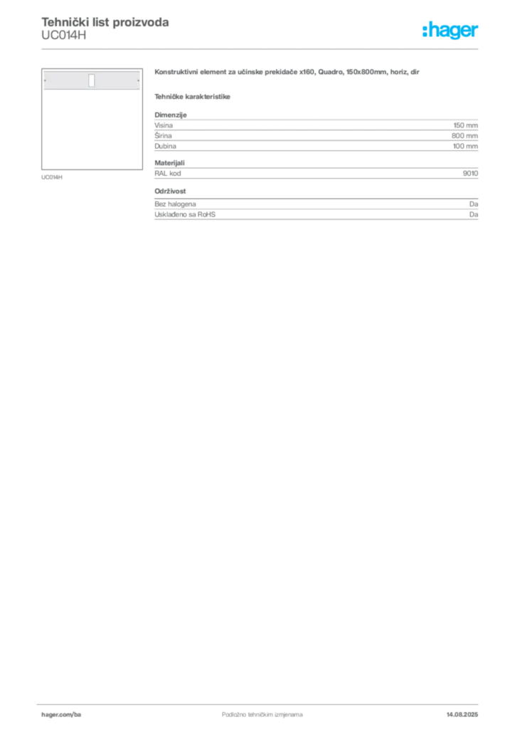 Slika Hager Product data sheet UC014H  | Hager