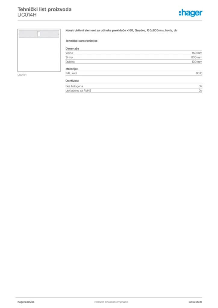 Slika Hager Tehnički list proizvoda UC014H  | Hager