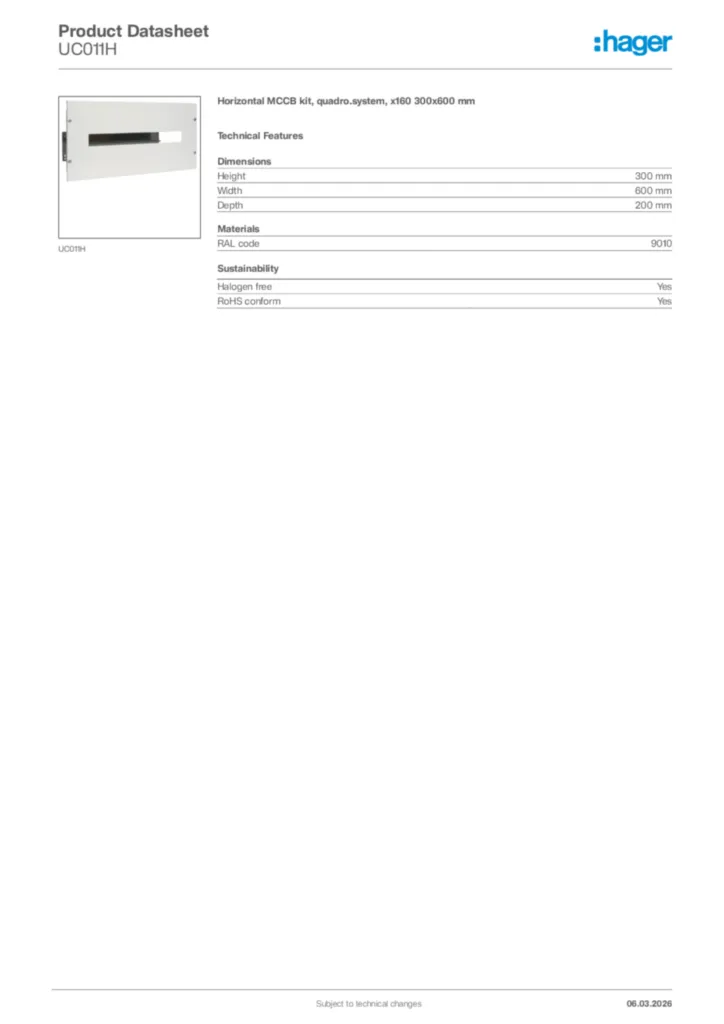 Image Hager Product data sheet UC011H  | Hager Africa