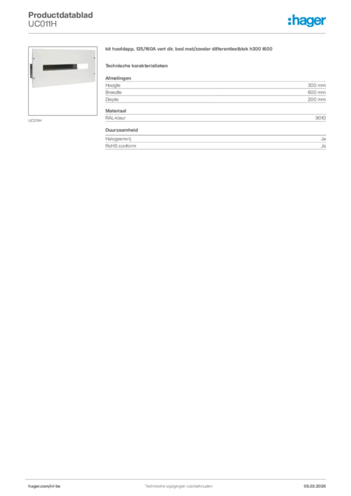 Afbeelding Hager Productdatablad UC011H | Hager Belgium